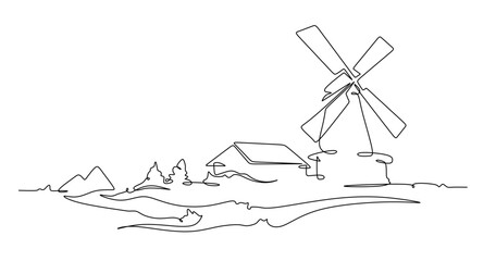Continuous one line drawing windmill.An old mill on the plain. One continuous line isolated minimal illustration.