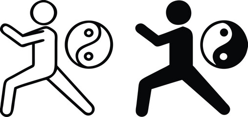 Tai Chi icons. Black and White Vector Icons. A man does health-improving exercises. Symbol of Yin and Yang. Alternative Medicine. Healthy lifestyle. Wellness Concept
