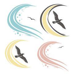 Four abstract wave designs with flying birds water ocean