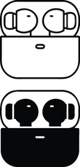 Earbuds Icons. Black and White Vector Illustrations. Device for Personal Listening to Sound Information. Wireless Headphones, Gadget, Technology. Device Concept
