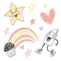 Happy star rainbow cupcake and running character heart