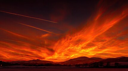 Fototapeta premium Fiery Sunset Over Hills With Airplane Trails
