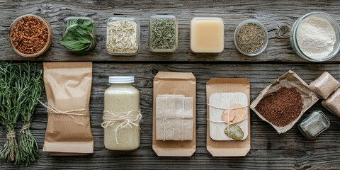 Sustainable vegan product package arranged on weathered natural wood surface