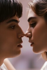 Romantic kiss almost touching in shadows soft light artistic abstract