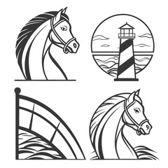 Horse lighthouse and flag emblems maritime