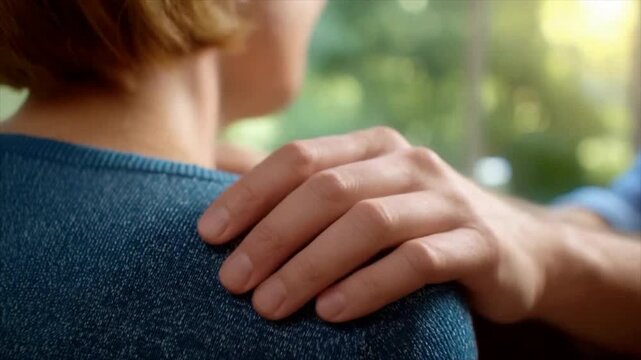 Close up of an adult's hand gently holding the shoulder or back of another person