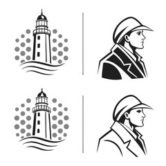 Lighthouse and sailor profile icons maritime nautical