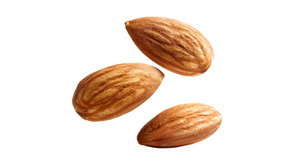 Three Natural Almonds Floating Dynamically isolated On Transparent Png Background.