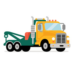 Fototapeta premium Tow truck vector featuring a semi-style yellow truck with green towing arm, suitable for logistics-themed graphics, transport designs, and repair visuals.