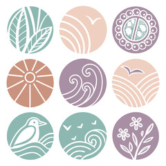 Nature inspired circular icons with birds waves sun and flowers clean