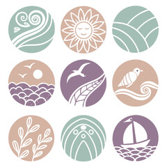 Nature inspired circular icons with pastel colors green