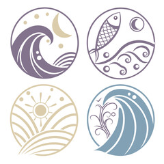Nature themed circular icons with waves sun moon and fish ocean