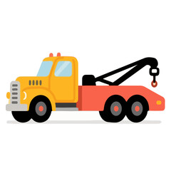 Naklejka premium Tow truck vector in yellow-orange tone with a strong hook arm, suitable for children's books, towing service visuals, and flat colorful design elements.
