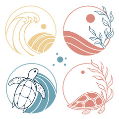 Ocean waves and sea turtles with botanical elements tortoise