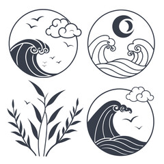 Ocean waves clouds moon birds and foliage vector