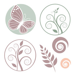 Pastel butterfly floral swirl and leaf motifs branch