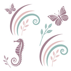 Pastel butterflies seahorse and floral elements butterfly leaves