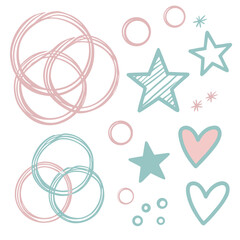 Pink and Teal Hand Drawn Shapes and Stars hearts