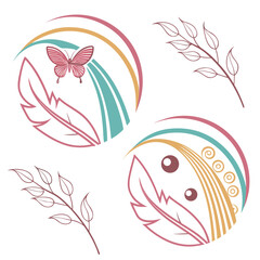 Pink butterfly feather and leaf designs with abstract arcs branch