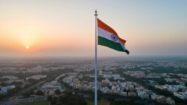 Independence Day celebration in India with the flag waving majestically against a cityscape at sunset. Suitable for patriotic designs.