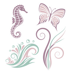 Purple seahorse butterfly and floral swirls decorative