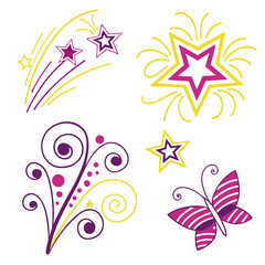 Purple yellow stars butterfly floral swirls vector
