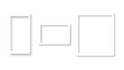 Empty white photo frame set with shadow. Retro vintage photograph with transparent adhesive tape. Digital snapshot image. Template or mockup for design. Vector illustration