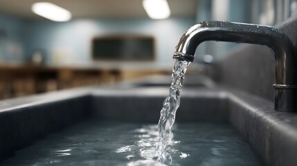 Water flowing from a faucet in a school bathroom
