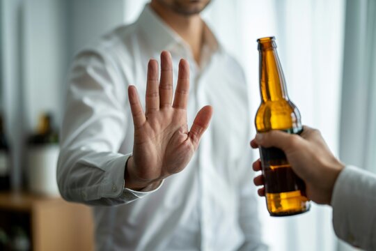 A person's hand with an open palm is raised in a clear gesture of refusal towards another hand offering a bottle of beer.