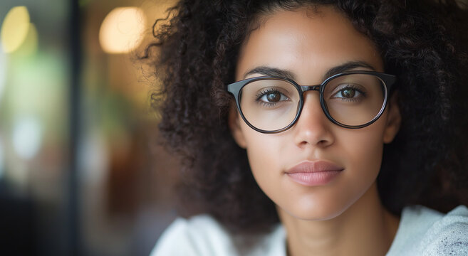 Um retrato em close de uma mulher com cabelos cacheados e &oacute;culos, com foco no rosto e fundo desfocado, provavelmente em um escrit&oacute;rio casual ou ambiente de trabalho compartilhado.