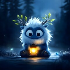 a cartoon character resembling a yeti with white fur and antlers adorned with green leaves. The character is holding a lantern with glowing lights inside, and there are glowing insects and a dark fore