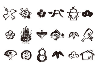 お正月素材アイコンの和風手書き筆イラスト　墨絵モノクロ