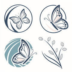 Stylized Butterflies and Floral Sprig Icons butterfly nature