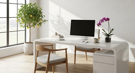 Modern Minimalist Home Office Workspace: White Desk, Lemon Tree, Orchid, Computer Mockup