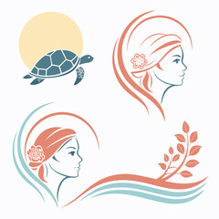 Stylized female faces turtle sun and foliage illustration icons