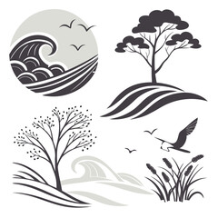 Stylized nature elements with trees waves and birds reeds