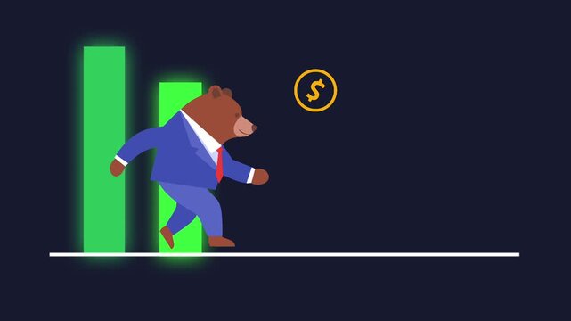Flat Animated Bear Market Concept with Red Downward Arrow and Declining Financial Chart.This non-looping visualizes economic recession, stock market crashes,negative financial indicators.