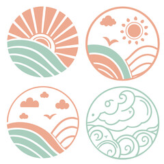 Sunrise sunset clouds waves nature landscape icons vector