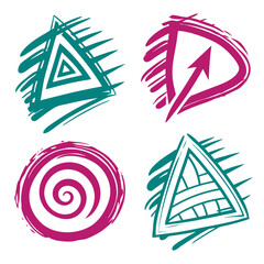Teal and magenta abstract geometric icons with brush strokes symbols