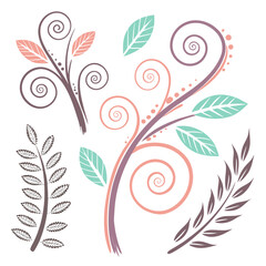 Swirling floral branches with leaves and dots swirls