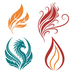 Teal dragon orange leaves red fire swirls vector