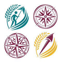 Teal maroon gold compass and wheat icons wind rose navigation