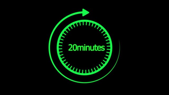 Animation text 20 min with blue arrow. Eighteen min go sale price timer, 20 min only. 4K Video motion graphic 20 minutes to go, motion graphic.promo deal timer. black background.4k video