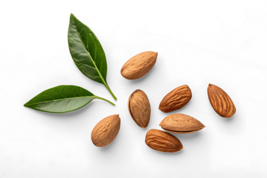 Halfed almond with leaves isolated on white or transparent background
