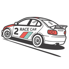 White race car with red and teal stripes and number two racing sports car