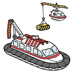 White red hovercraft with crane and cargo rescue transport