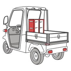 White three wheel truck carrying red storage boxes utility vehicle red boxes