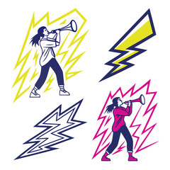 Woman blowing horn with lightning bolt graphic megaphone