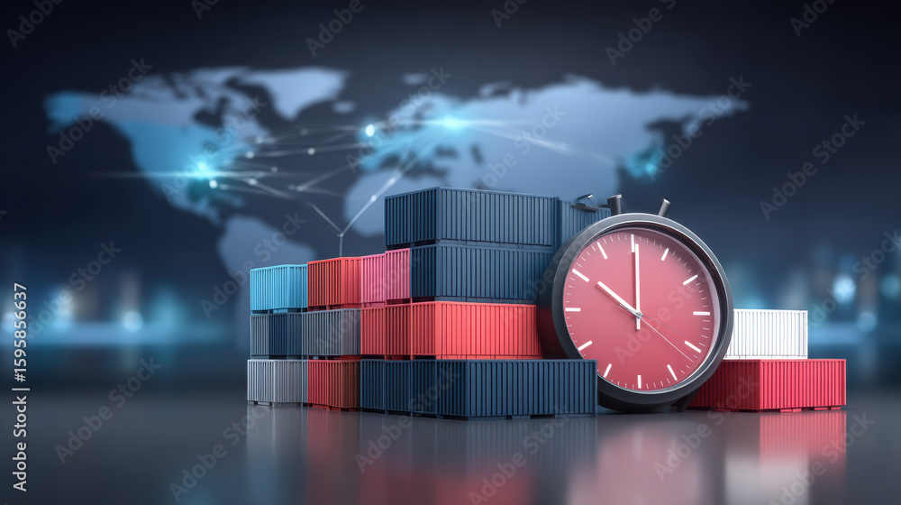 Poster time concept trade war represented by stacked shipping container and clock with world map background