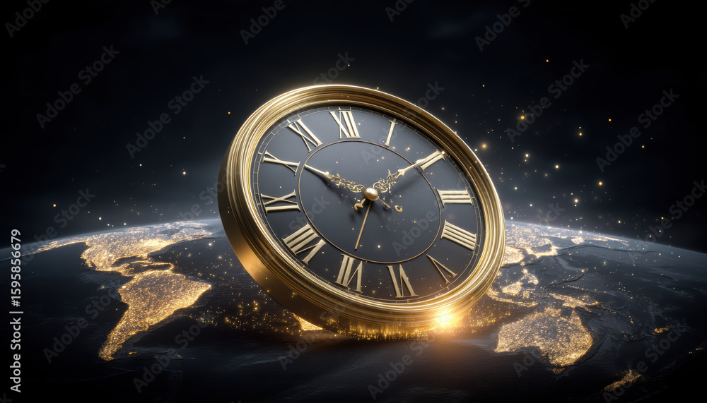 Poster golden clock with roman numerals floating above illuminated earth at night symbolizing time concept 